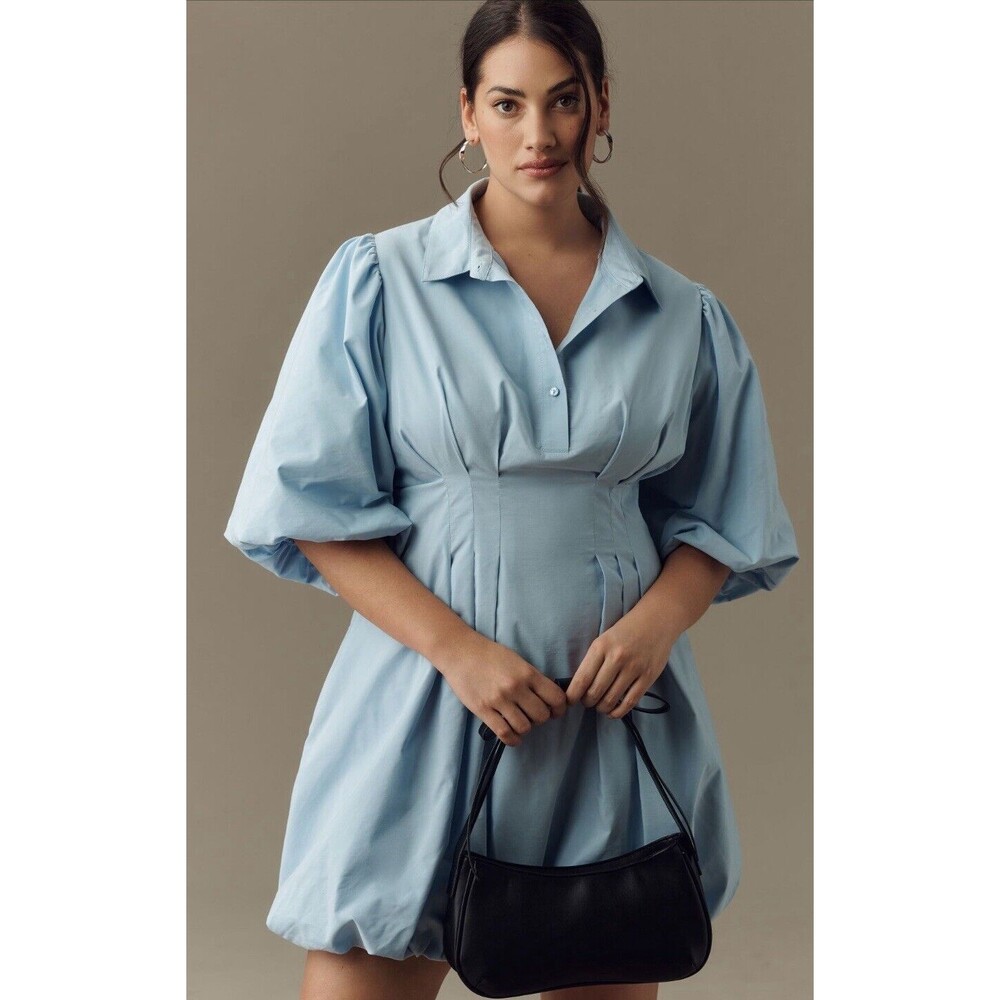 Anthropologie Maeve Mini Dress Blue Bubble Hem Puff Sleeve Vacay Retro XSP NWT